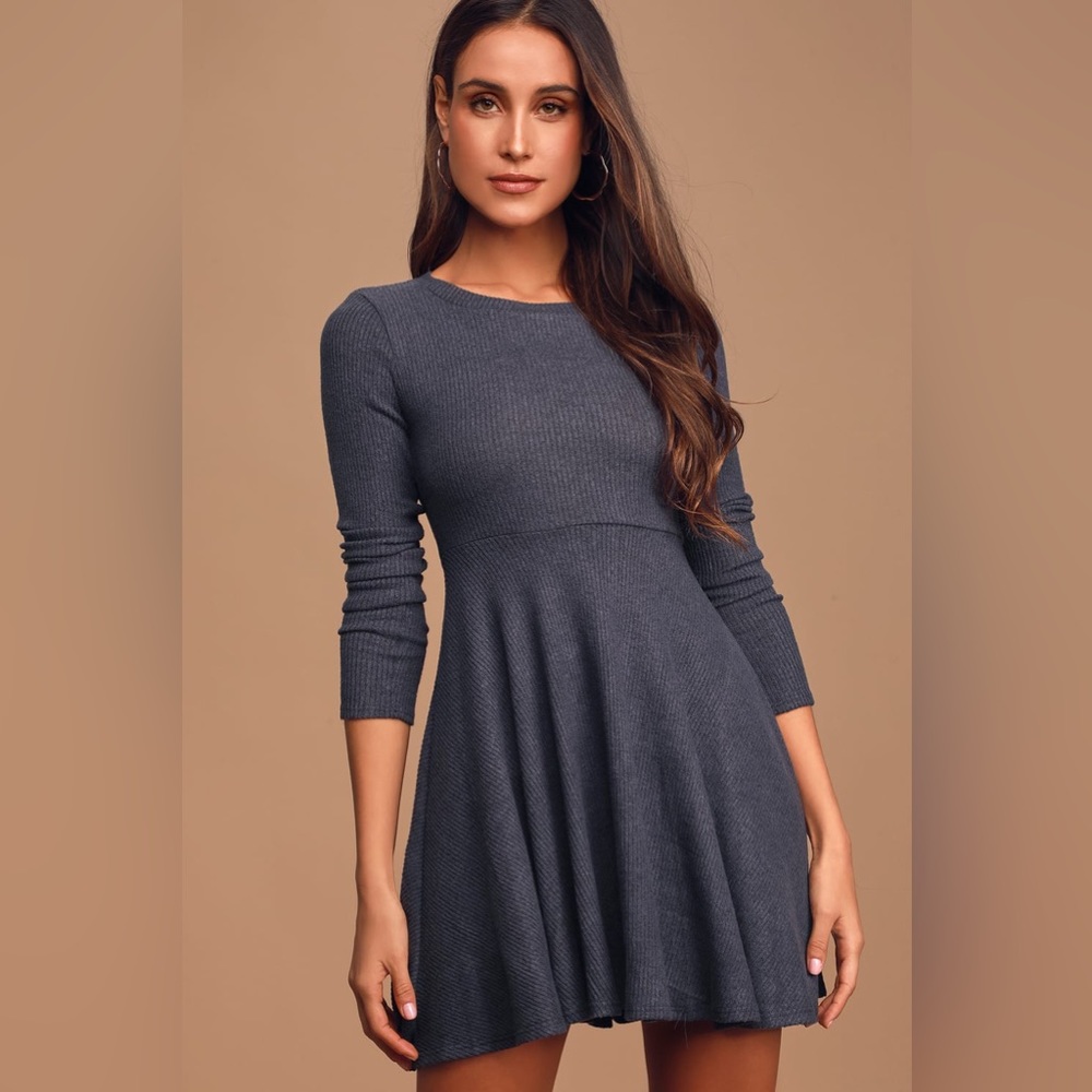Lulu’s Fit and Fair Denim Blue Ribbed Knit Long Sleeves Skater Dress